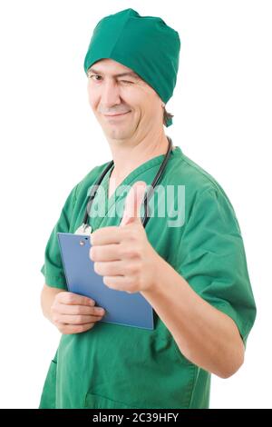 Glücklich männlichen Arzt zeigt Daumen oben, isoliert Stockfoto