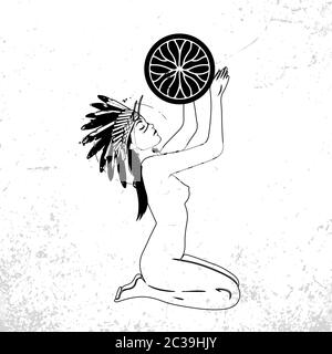 Vektor Schwarz und Weiß Schamane Frau mit einem Tamburin Illustration. Skizzieren Sie abstrakt, um einen Effekt mit Bedrängnis zu erzeugen. Stock Vektor