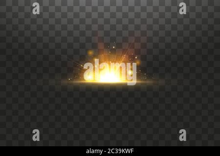 Glänzende goldene Sterne auf schwarzem Hintergrund isoliert. Effekte, Blendung, Linien, Glitzer, Explosion, goldenes Licht. Vektorgrafik. Stock Vektor