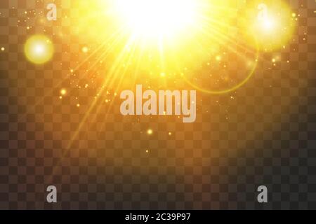 Glänzende goldene Sterne auf schwarzem Hintergrund isoliert. Effekte, Blendung, Linien, Glitzer, Explosion, goldenes Licht. Vektorgrafik. Stock Vektor