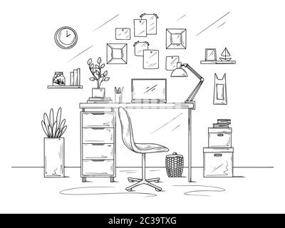 Die Zimmer Skizze. Bürostuhl, Schreibtisch, verschiedene Objekte auf dem Tisch. Sketch Arbeitsbereich. Vector Illustration Stock Vektor