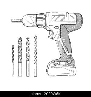 Skizze Schraubendreher mit einem Bohrer isoliert auf weißem Hintergrund. Vektorgrafik Stock Vektor
