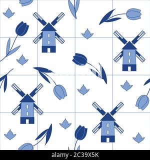 Delfter dekoratives Nahtloses Muster mit Tulpen und Windmühlen. Vektorgrafik Stock Vektor