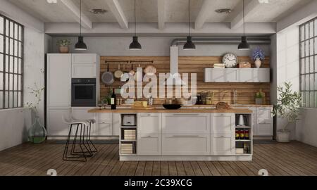 Retro white Küche in einem Loft mit Insel und Barhocker - 3D-Rendering Stockfoto