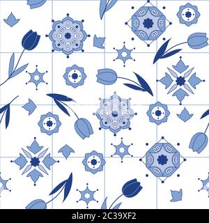 Delfter-Deko-Nahtmuster mit Tulpen. Vektorgrafik Stock Vektor