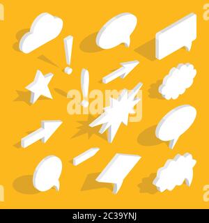 Satz isometrischer 3D-Sprechblasen mit Schatten. Umfasst Kreis-, Stern- und Rechtecksformen, isometrische Pfeile, Wolken, Ausrufezeichen. Stock Vektor