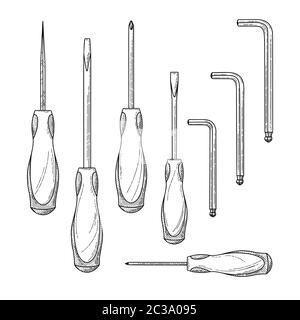 Satz verschiedener Schraubendreher auf weißem Hintergrund. Vektorgrafik Stock Vektor