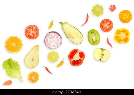 Banner von frischem und gesundem Gemüse und Obst isoliert auf weißem Hintergrund. Stockfoto