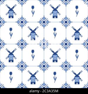 Delfter dekoratives Nahtloses Muster mit Tulpen und Windmühlen. Vektorgrafik Stock Vektor