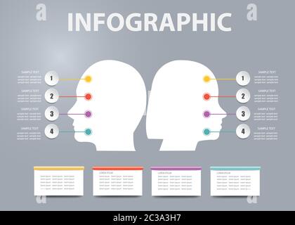 Des Mannes und der Frau den Kopf Silhouette mit bunten Etiketten und Timeline bereit für Ihren Text zeigen Geschlecht unterschiedliche Daten oder Funktionen verbunden. Stockfoto