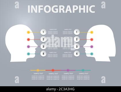 Des Mannes und der Frau den Kopf Silhouette mit bunten Etiketten und Timeline bereit für Ihren Text zeigen Geschlecht gemeinsame Daten oder Funktionen verbunden. Stockfoto