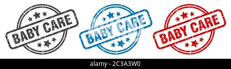 Babypflege Stempel. Babypflege rund isoliert Zeichen. Baby Pflege Label Set Stock Vektor