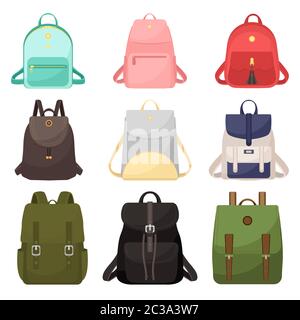 Set aus verschiedenen Rucksäcken in einem flachen Stil ist auf einem weißen Hintergrund isoliert. Vektorgrafik in einem flachen Stil. Stock Vektor