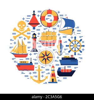 Marine Rundkonzept in flacher Ausführung mit Schiffen und nautischen Symbolen. Seerundreise und Urlaub Banner oder Poster Vorlage. Stock Vektor