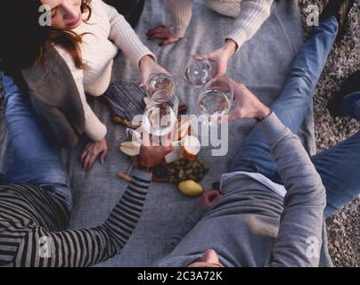 Glückliche Freunde feiern besonderen Anlass zusammen am Strand am Wochenende Stockfoto