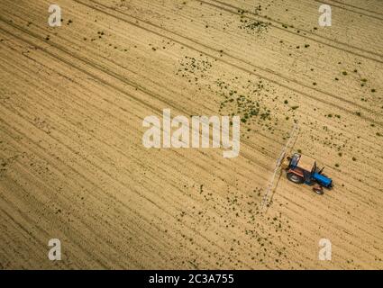 Traktor sprühen Ernten in Feld, Luftaufnahme von Drone pov Stockfoto