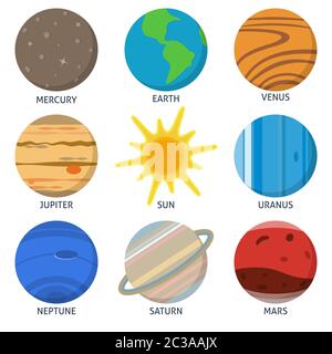 Sonnensystem Planeten und Sonne Symbol Sammlung in flachem Stil auf weißem Hintergrund Stock Vektor