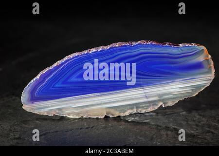 Studio-Aufnahme einer länglichen, dünnen und polierten Achatscheibe im Frontlicht mit blauen und weißen Streifen auf einer Schieferplatte. Stockfoto