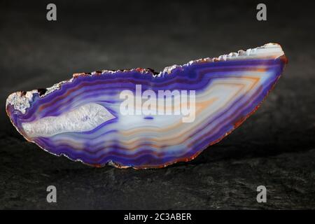 Studio-Aufnahme einer länglichen, dünnen und polierten Achatscheibe im vorderen Licht von blauen Bändern, die auf einer Schieferplatte stehen. Stockfoto