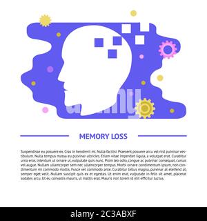 Memory Loss Concept Banner oder Poster Vorlage in flacher Form mit Platz für Text. Neurologische Probleme Illustration mit menschlichen Profil. Stock Vektor