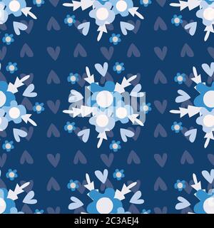 Geometrische wilde Wiese Blumen nahtlose Vektor-Muster Hintergrund. Hintergrund von Blumensträußen von Hand gezeichneten tonalen blauen Vergiss-mich-nicht-Blumen. Folk Country Stock Vektor