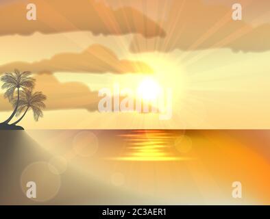 Zwei Palmen am tropischen Strand bei Sonnenuntergang Stockfoto