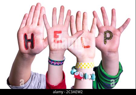 Kinder Hände Gebäude bunte Wort helfen. Weiß isoliert Hintergrund Stockfoto