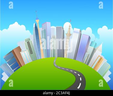 Konzeptionelle Miniplanet-Grünanlagen zusammen mit Wolkenkratzern und Straßen. Ruhe in der Stadt Stockfoto