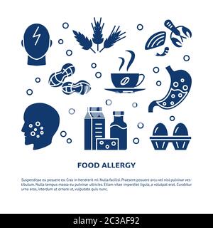 Vorlage für Lebensmittelallergie-Banner in einfachem Stil mit Platz für Text. Poster mit Sensitivitätssymptomen und Produktsymbolen. Vektorgrafik. Stock Vektor