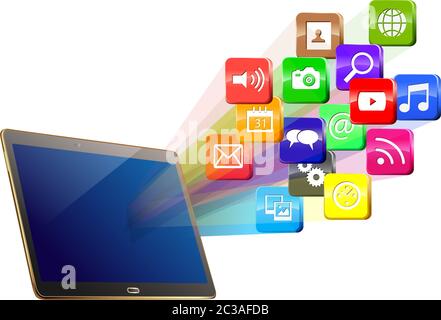 Tablet-PC mit bunten Anwendungssymbolen auf weißem Hintergrund isoliert .Vektorgrafik Stockfoto