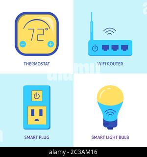 Smart Home Automation Symbole in flacher Form. Symbole für Klimaanlage, WLAN-Router, Sockel und Glühbirne. Vektorgrafik. Stock Vektor