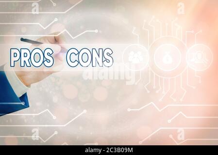 Konzeptionelle Handschrift zeigt Pros Cons. Konzept Bedeutung vor- und Nachteile bei der Prüfung eines Produkts beobachtet Stockfoto