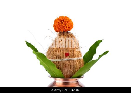 Kupfer Kalash mit Kokos und Mango leaf mit Blumenschmuck auf einem weißen Hintergrund. Wesentlich in der hinduistischen Puja. Stockfoto