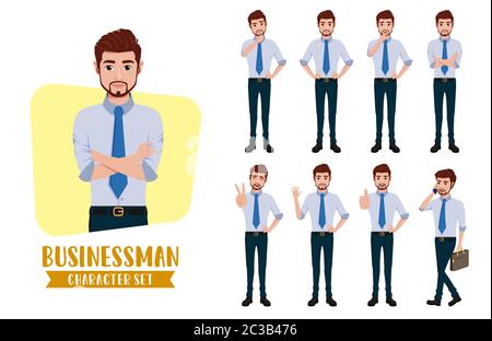 Zeichensatz für Business man. Geschäftsmann männliche Charaktere Büroangestellte im Stehen mit verschiedenen Posen und Gesten für Cartoon-Sammlung. Stock Vektor