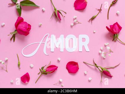 Rosa Rosen und Text AMOR auf hellrosa Hintergrund Draufsicht Stockfoto