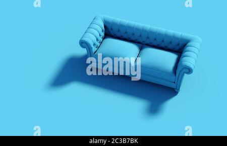 Klassisches Sofa, niemand um sich herum. Horizontales Bild. Designkonzept und moderne Möbel. 3D-Renderbild. Pantone klassische blaue Palette. Stockfoto