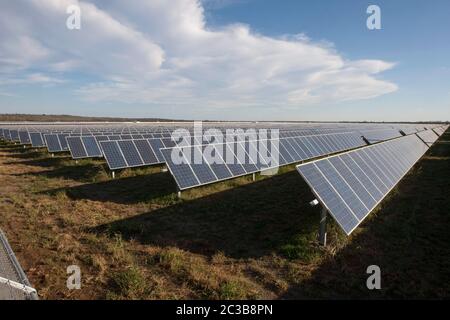 Manor Texas, USA, 2012: Webberville Solar Farm, das größte aktive Solarprojekt aller öffentlichen Energieversorger des Landes. Es verfügt über mehr als 127.000 Module und kann mehr als 61 Millionen kWh Strom erzeugen, Texas - 2012. ©MKC / Daemmrich Photos Stockfoto