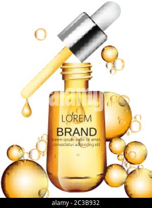 Serum Öl goldene Flasche mit gelben Tropfen. Ort für Marke oder Text. Produktplatzierung. Designpaket für Etiketten. Vektor Stock Vektor