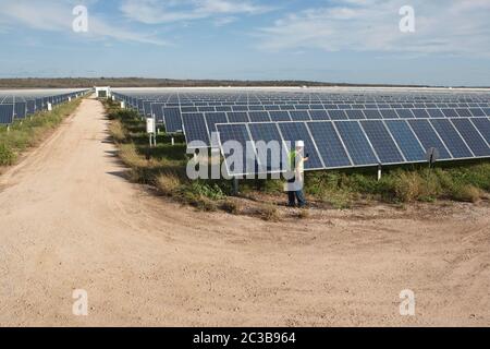 Manor Texas, USA, 2012: White Male verwendet Wärmebildkameras zur Qualitätskontrolle und zur Überprüfung auf defekte Zellen in der Webberville Solar Farm, dem größten aktiven Solarprojekt aller öffentlichen Energieversorger des Landes. Es verfügt über mehr als 127.000 Module und kann mehr als 61 Millionen kWh Strom erzeugen, Texas - 2012. ©MKC / Daemmrich Photos Stockfoto