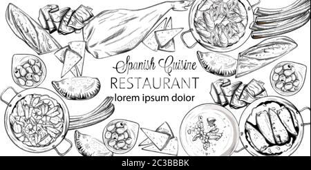 Vector Set von spanischen nationalen Lebensmitteln. Muscheln, Jamon-Knochen, Baguette, Käse, Calzone, Meeresfrüchte-Suppe, grüne Bohnen oder Spinatpüree. Linienart Skizzenstil Stock Vektor
