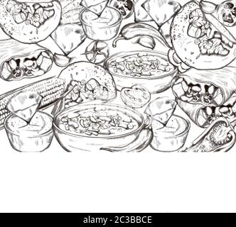 Mexikanische Food Line Art Komposition mit Mais, Paprika, Taco und würzige Bohnensuppe. Skizzenstil. Für Text platzieren. Vektor Stock Vektor