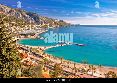 Stadt Menton Bucht und Französisch italienischen Grenze auf Mittelmeer-Küste Blick Stockfoto