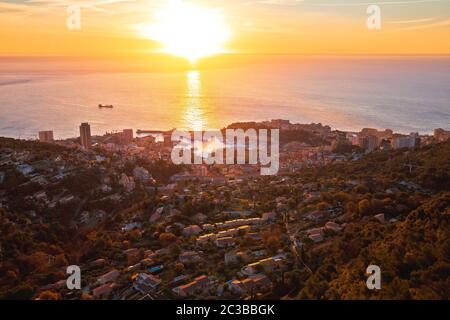 Fürstentum Monaco Luftpanorama Sonnenaufgang Ansicht Stockfoto