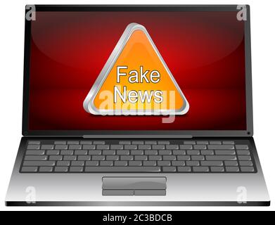 Laptop-Computer mit orangefarbenem Warnschild für gefälschte Nachrichten auf rotem Desktop - 3D-Abbildung Stockfoto