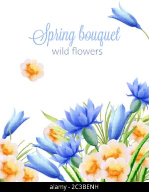 Frühling Aquarell Bouquet von wilden gelben und blauen Blumen. Vektor Stock Vektor