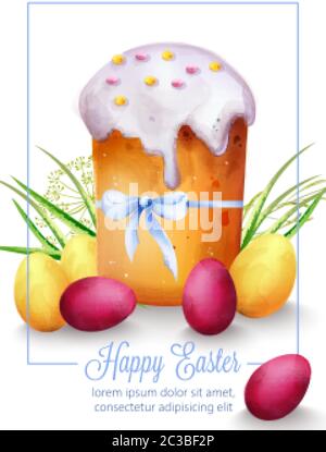 Fröhliche Osterkomposition mit Feiertagsbrot, grünem Gras und bunten Eiern. Wasserfarben-Vektor Stock Vektor