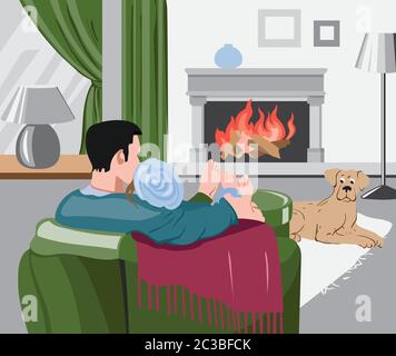 Mann und Frau beobachten friedlich das Holz im Kamin, das sich umarmt, während ihr Hund auf dem Teppich liegt. Vektor Stock Vektor
