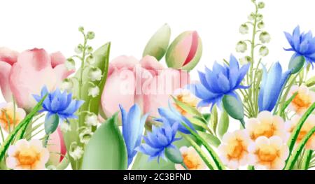 Frühling Aquarell Bouquet von wilden Blumen. Glocke, Tulpe, Aster und Narzissen. Vektor Stock Vektor