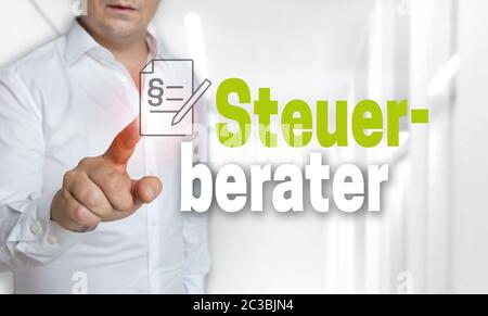 Steuerberater (Steuerberater) Touchscreen Konzept wird von Menschen betrieben. Stockfoto