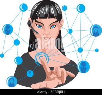 Frau, die mit einem Finger eine Internetverbindung um sie herum hergestellt hat. 5G-Netz. Schnurloses Headset. Vektor Stock Vektor